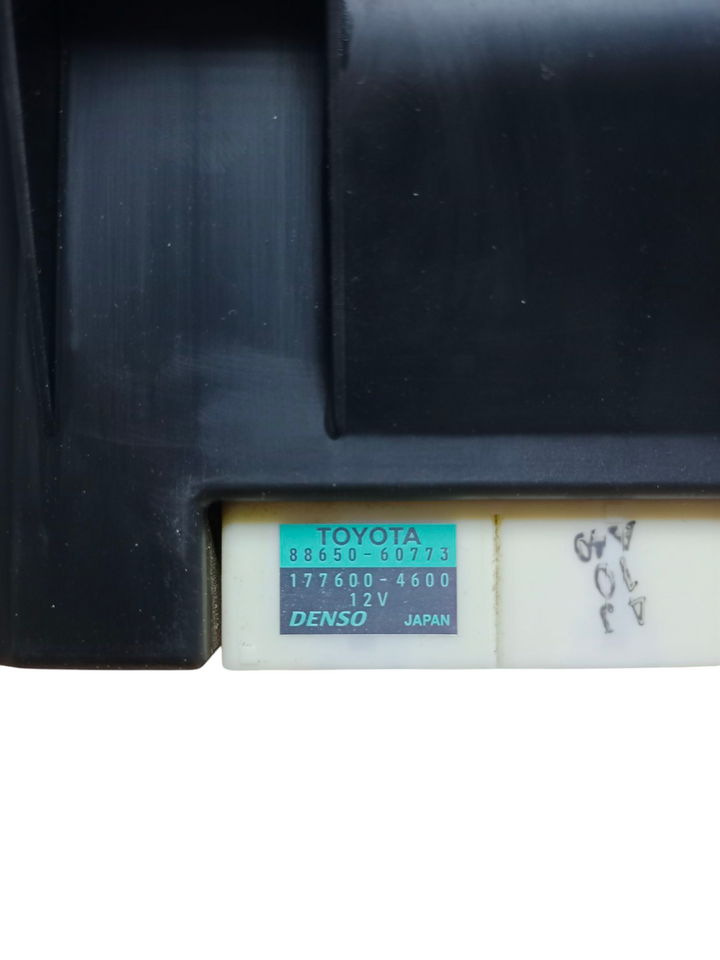 Close-up of the model and serial number label on back of Lexus GX470 climate control unit model 88650-60773 SKU CR-4422.