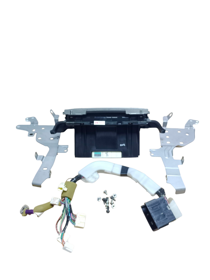 Lexus GX470 climate control unit model 88650-60773 SKU CR-4422 shown with used OEM installation kit and wiring harness from front angle.