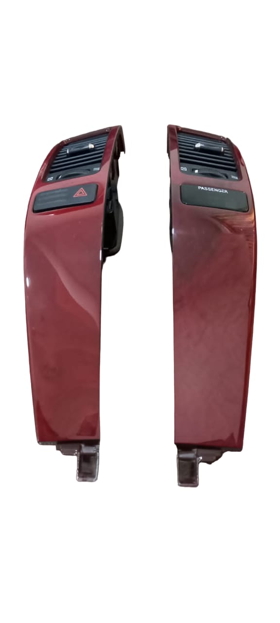 Front view of Lexus GX470 2008–2009 center dash air vent panels left and right pair model numbers 55474-60110 and 55475-60110, showing wood grain finish and integrated vent controls.